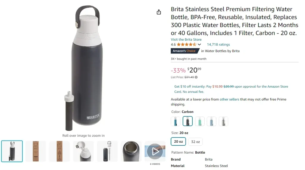 Stainless steel water bottle with filter